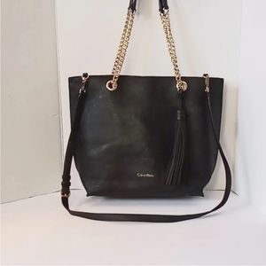 CALVIN KLEIN Black Leather XL Crossbody Tote w/Goldtone Chains NWOT